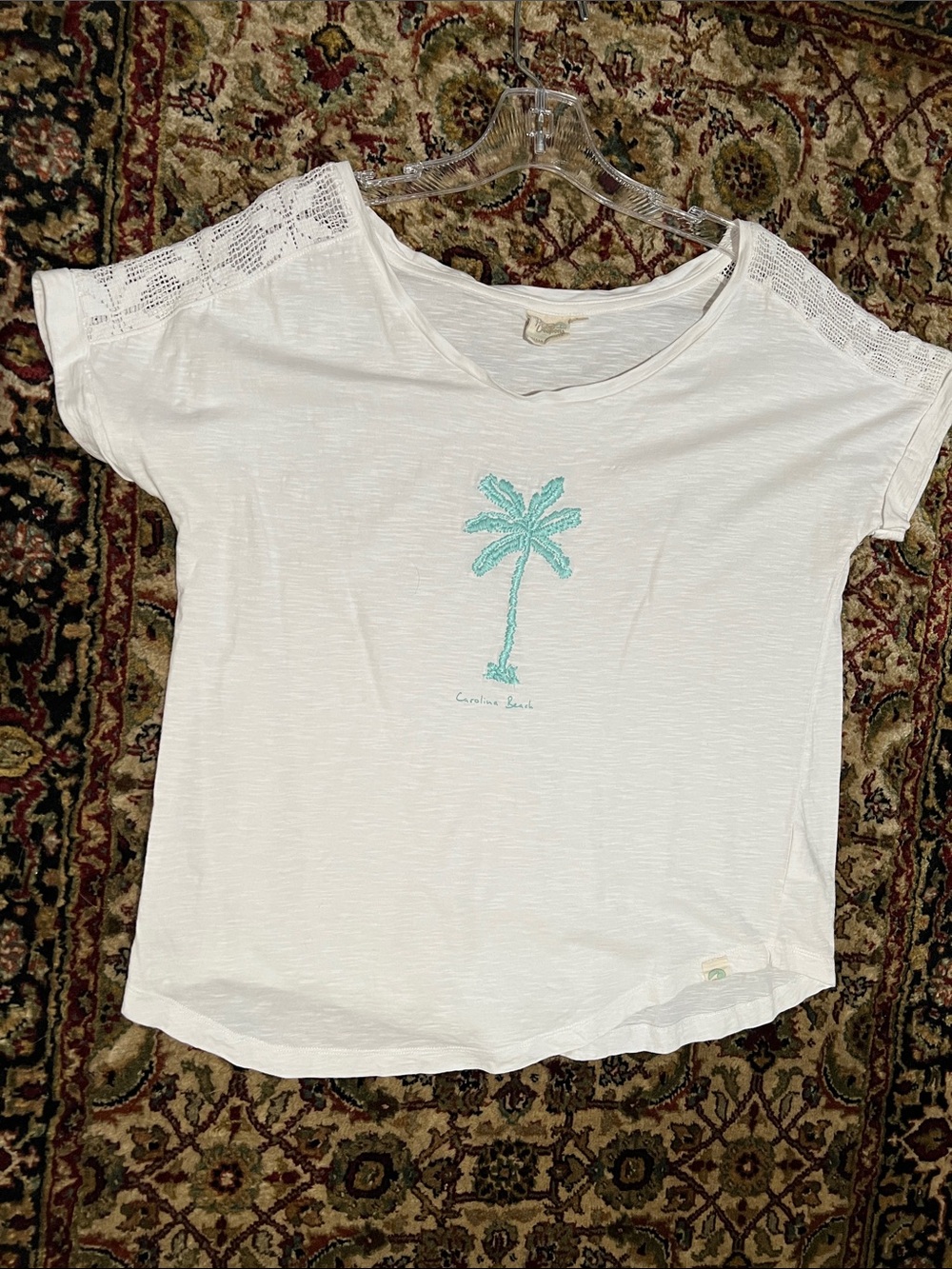 Pacific Creations White Tee Carolina Beach Mint Stitched Palm Tree Size Large